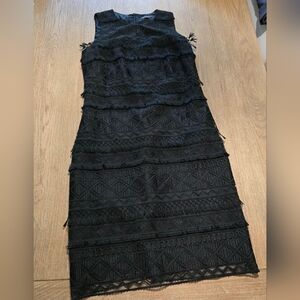 J. McLaughlin Embroidered Tassel Fringe Overlay Shift Dress Black Size 0‎ EUC